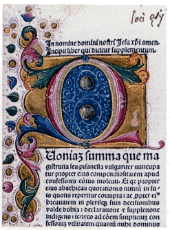 Lettera iniziale miniata nel volume di Nicolò da Osimo - Supplementum Summae Pisanellae, 1481.